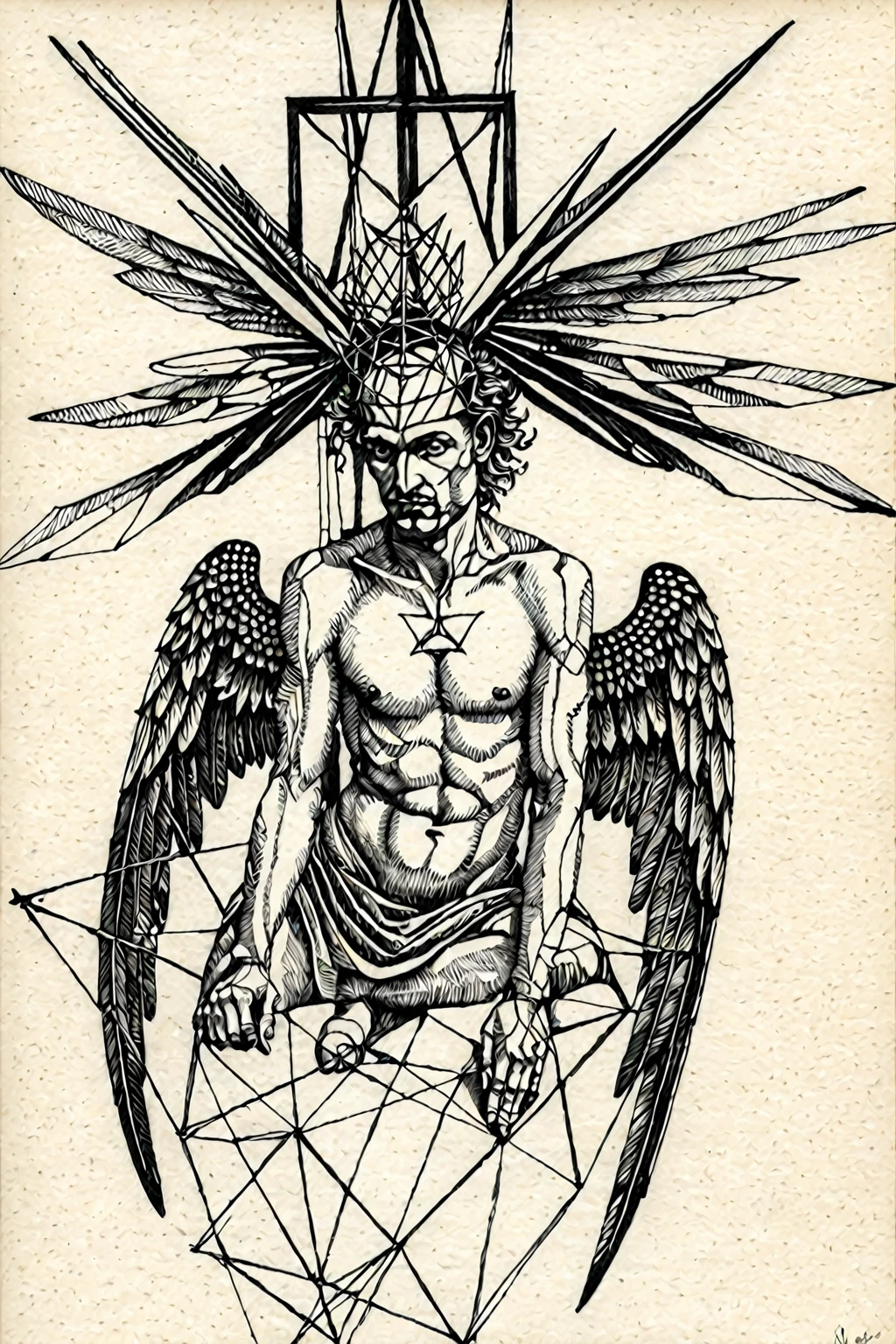 drawing of a man with a CRYSTAL STRUCTURE on his head and wings, pen and ink on paper, illustration in pen and ink, ink on paper, inspired by Martin Schongauer, an ink drawing, illustration in pen an ink, ((((occult art)))), inspired by Santiago Caruso, ink and charcoal illustration, pen and ink, black and white ink on paper