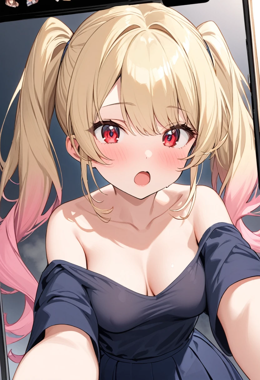 Gradient with pink tips,Blonde,Twin tails up to the shoulders,Red eyes,high school girl,A pleasant looking face,Slightly curled twin tails,nsfw,medium breasts,steam,Completely naked,(selfie1.5),front view, from below, upper body,open mouth,