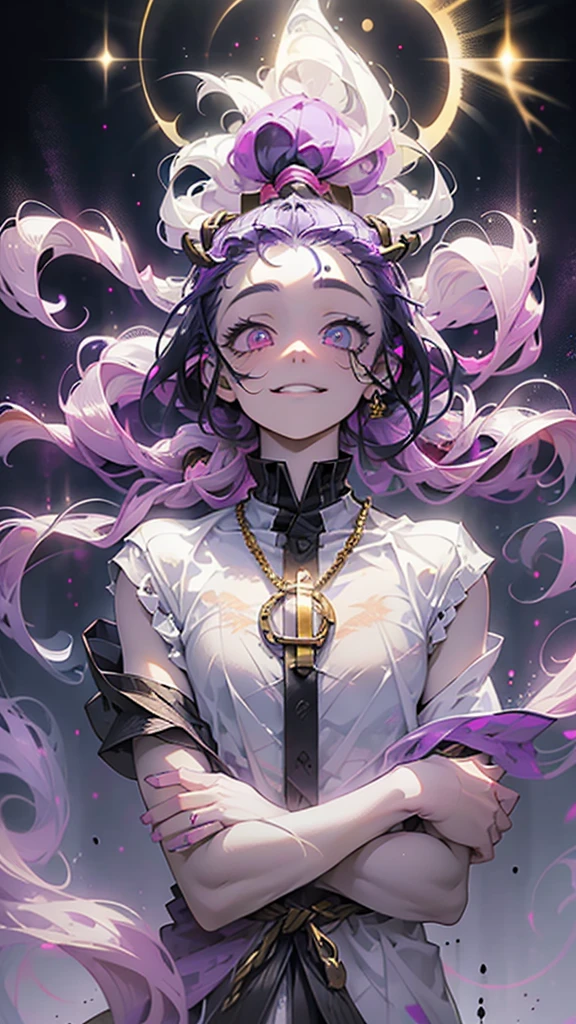 cheerful boy with open forehead. dark purple hair braided in a ponytail on the left side to one side. sinuous black horns wrapped in dark purple ribbon. pale violet eyes. in short dark purple shorts. long white T-shirt. dark purple knee-high socks. a white long robe with a hood flutters in the wind. black ancient stone walls of the castle purple light from lamps with gold ornaments, heterochromia, long curly hair, pale skin, I look at the viewer, closed mouth, bright smile, Beautiful, extremely detailed eye, Absolutely amazing art, extremely detailed, Digital art of the highest quality, full length, old pionino ancient castle