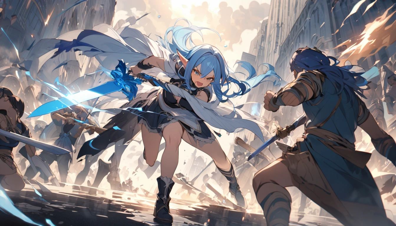(Highest quality), Elf girl fighting with a big sword,Blue Hair,Different world