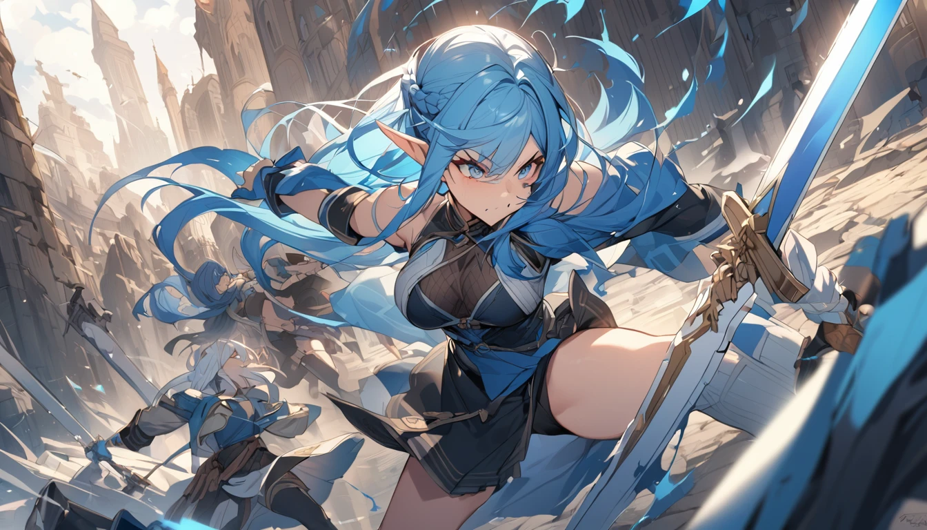 (Highest quality), An elf girl attacks with a large sword,Blue Hair,Different world