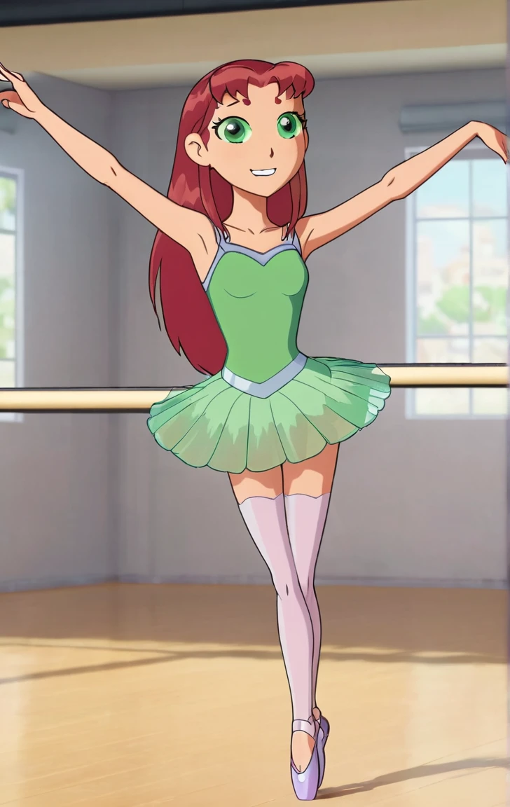 ohxw, star12, red hair, green eyes, pink tutu, pink tank top, bare legs, ballet slippers, full body, blushing, dance studio, 4k, highly detailed, lighting, inside, cartoon, 2d, sharp, skirt lift, white panties, hands holding up skirt