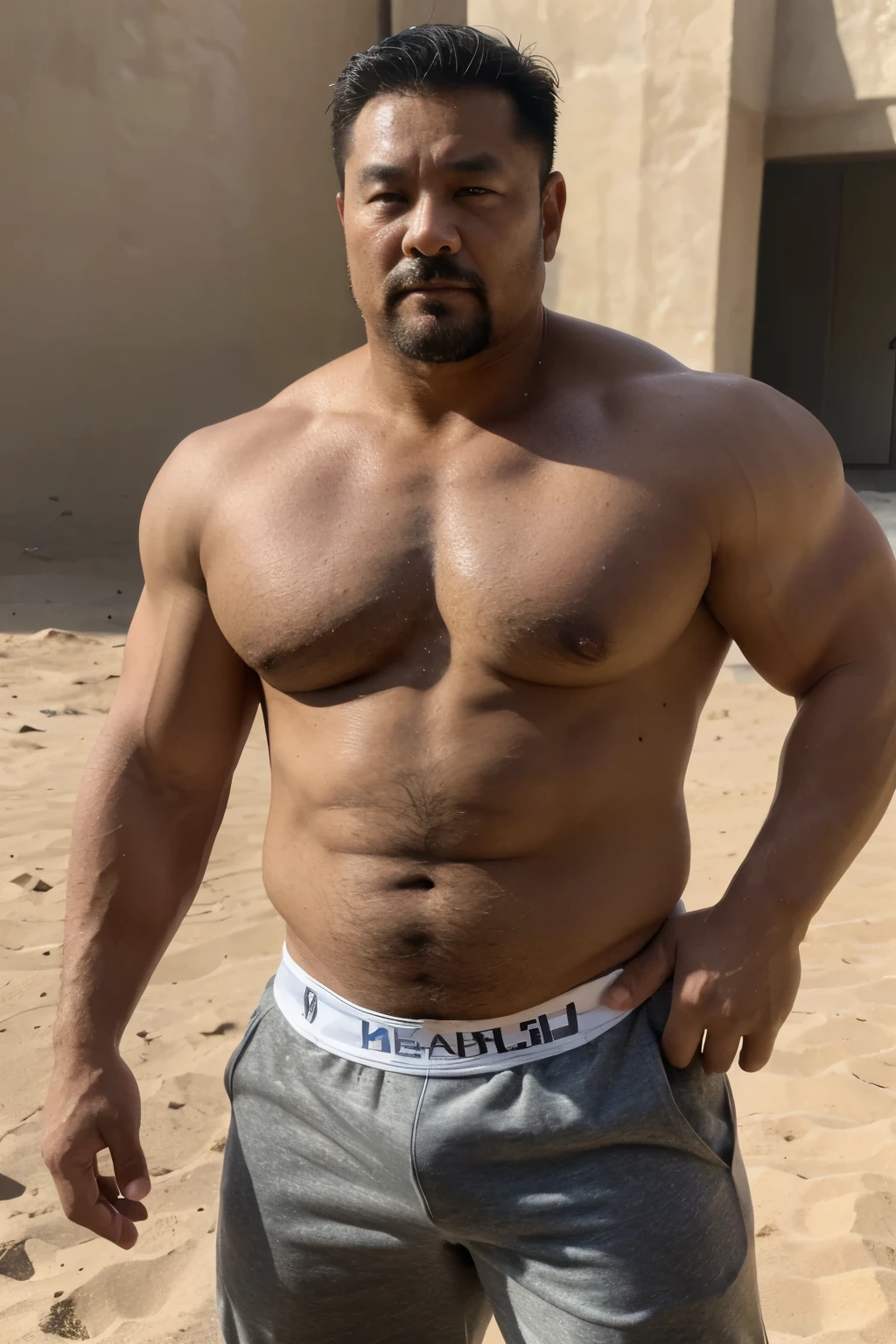 A wild plump chinese uncle man, (55 years old daddy:1.1), 1boy, Solo, handsome, small eyes, detailed eyes:1.1, big round face shape, (Detailed face:1.3), short hair, (Best quality, A high resolution), Masterpiece, in the desert, Intricate details, depth of field, full body shot, macho, sweat, manliness, short trunk, bear style, masculine, bulge, shirtless, tough man, real man, beefcake, muscular, jacked, hunk, thick body, stocky build, good light, workout, very sunny day, very hot day