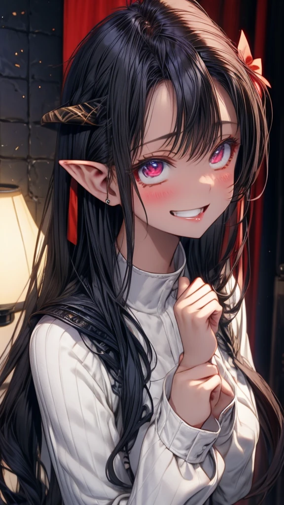 Beautiful anime girl , 20 years old, long hair, bangs pointy ears, horns, seductive.