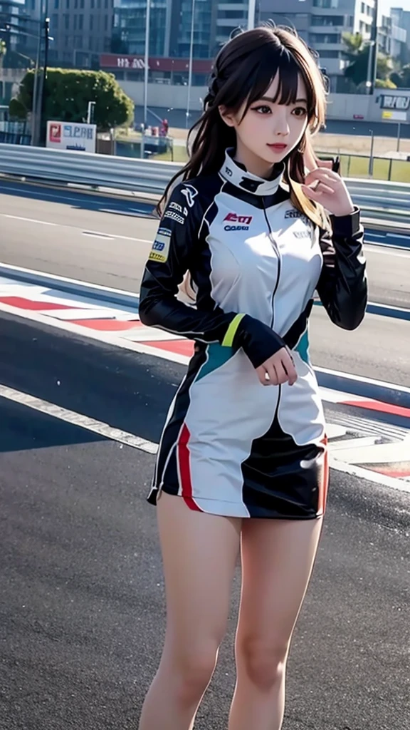 girl 23-year-old Hairstyle Casual, wearing racing suit on race track at evening and rainy best quality 1 : 2 and 4K resolution