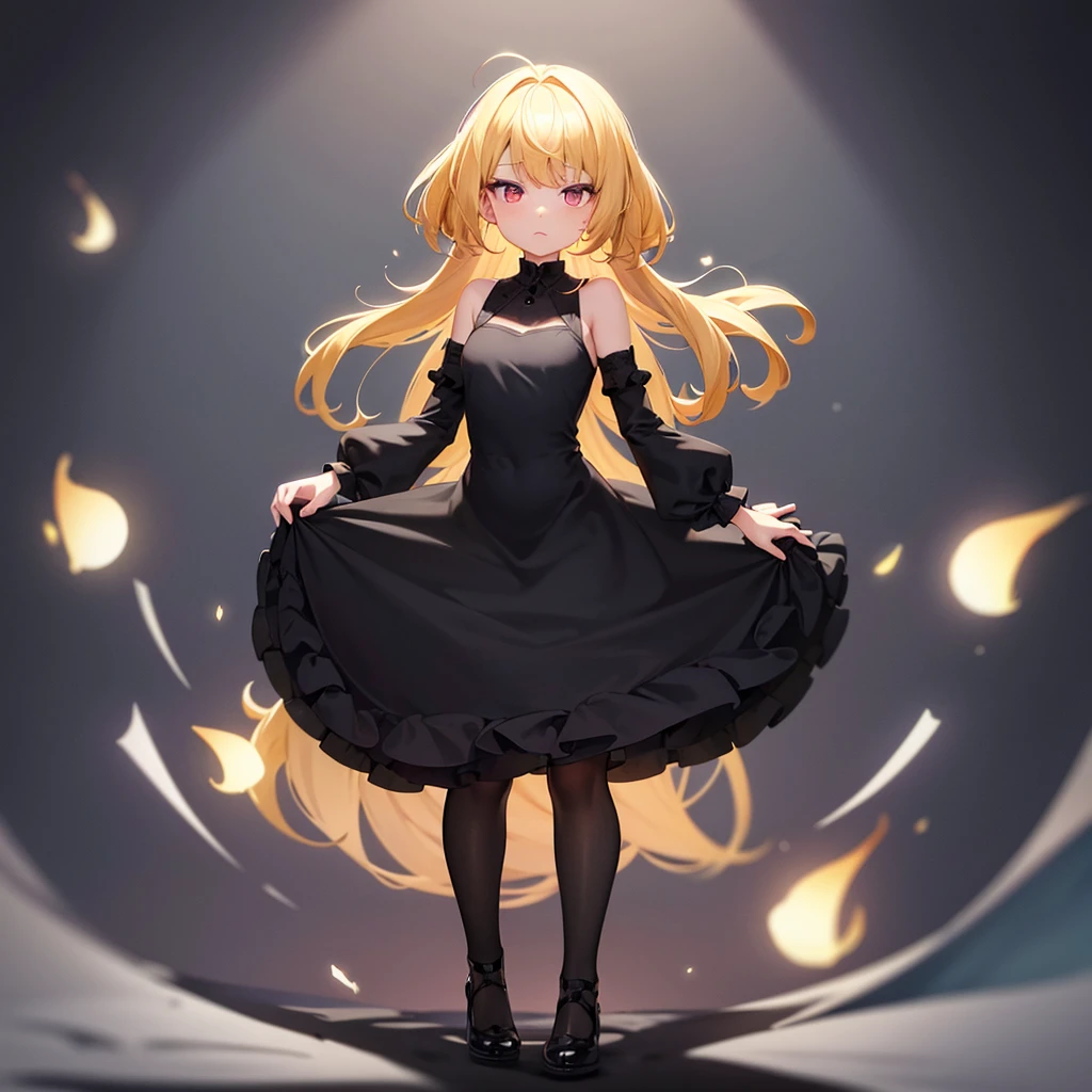 (((Black elegant dress))),(In a naughty way),Cute little loli,Tiny Lori,Small girl,,Childish face, Very fine clean face,Top quality, Big eyes,Straight Hair,Yellow hair,Crimson Eye,(Dark Room), Subtle light, Natural light,Soft lighting,Light from directly behind, (Are standing), Cute pose, (Open your hands), Showing the whole body,Front view,Black background