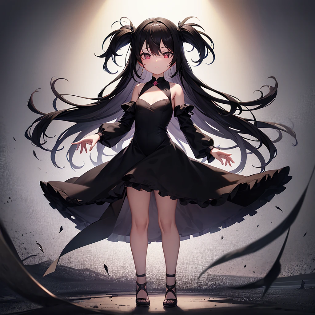 (((Black elegant dress))),(In a naughty way),Cute little loli,Tiny Lori,Small girl,,Childish face, Very fine clean face,Top quality, Big eyes,Straight Hair,Yellow hair,Crimson Eye,(Dark Room), Subtle light, Natural light,Soft lighting,Light from directly behind, (Are standing), Cute pose, (Open your hands), Showing the whole body,Front view,Black background
