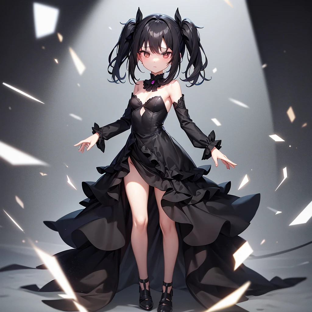 (((Black elegant dress))),(In a naughty way),Cute little loli,Tiny Lori,Small girl,,Childish face, Very fine clean face,Top quality, Big eyes,Straight Hair,Yellow hair,Crimson Eye,(Dark Room), Subtle light, Natural light,Soft lighting,Light from directly behind, (Are standing), Cute pose, (Open your hands), Showing the whole body,Front view,Black background