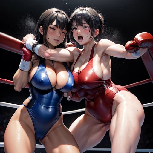 Two injured Japanese female heavyweight boxers fighting vigorously in the ring。Dynamic punch exchange。Sweating a lot。One eye closed, out of breath。Drooling。Boxing gloves。High leg leotard。Erect nipples。Muscular。Six Pack Abs。Very thick arms and thighs。Super big breasts。