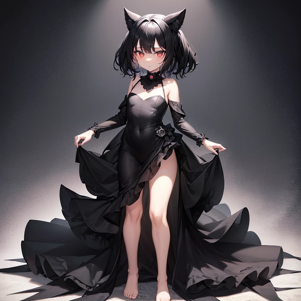 (((Black elegant dress))),(In a naughty way),Cute little loli,Tiny Lori,Small girl,,Childish face, Very fine clean face,Top quality, Big eyes,Straight Hair,Yellow hair,Crimson Eye,(Dark Room), Subtle light, Natural light,Soft lighting,Light from directly behind, (Are standing), Cute pose, (Open your hands), Showing the whole body,Front view,Black background