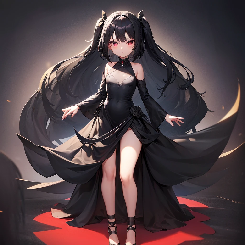 (((Black elegant dress))),(In a naughty way),Cute little ,Tiny Lorill girl,,Childish, Very fine clean face,Top quality, Big eyes,Straight Hair,Yellow hair,Crimson Eye,(Dark Room), Subtle light, Natural light,Soft lighting,Light from directly behind, (Are standing), Cute pose, (Open your hands), Showing the whole body,Front view,Black background