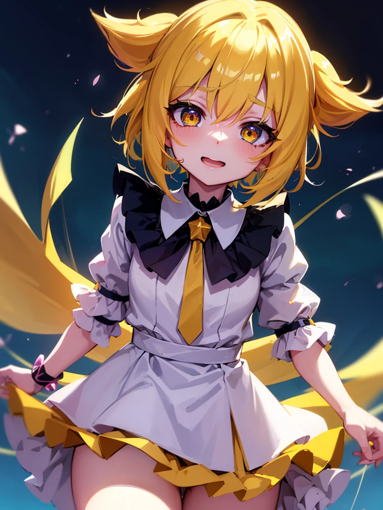 1baby li anime girl, nekomimi, portrait, loli anime girl with short yellow hair wearing maid outfit, yellow hair, (green emelard eyes), close up face, detailed eyes, detailed hair, emotional lovely happy expression, crystal glowing eyes, cinematic lighting, extremely detailed body, face, clothes, (best quality,4k,8k,highres,masterpiece:1.2),ultra HD, masterpiece, very very anime style, bokeh, starry shining lighting, original characters, low angle, 