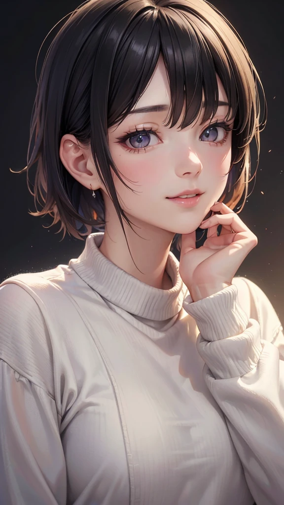 (masterpiece:1.3), (8k, photorealistic, RAW photo, best quality: 1.4), (1girl), beautiful face, (realistic face), (black hair, short hair:1.3), beautiful hairstyle, realistic eyes, beautiful detailed eyes, (realistic skin), beautiful skin, (sweater), absurdres, attractive, ultra high res, ultra realistic, highly detailed, golden ratio