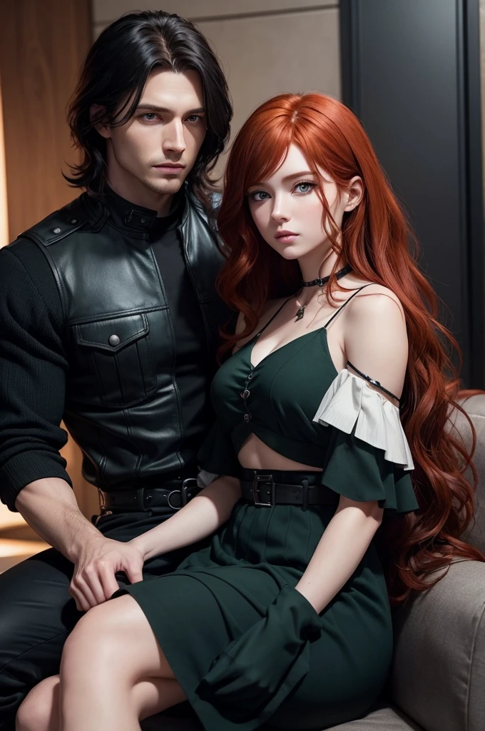 Make a wavy redhead female RPG character,with dark green eyes, sitting on the lap of a male RPG character who has black hair and blue eyes. They are both wearing black clothes because they are detectives.