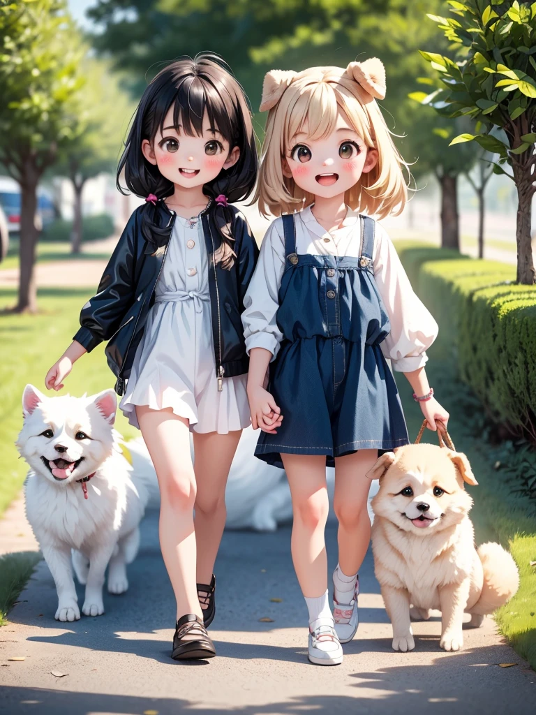 Two Girls、Very close sisters、Walk hand in hand、Having fun and being excited、Happy smile、Walk alongside your dog、Giant dog、A dog as tall as its sisters、Bushy-haired dog、A friendly dog with white fur、Samoyed、