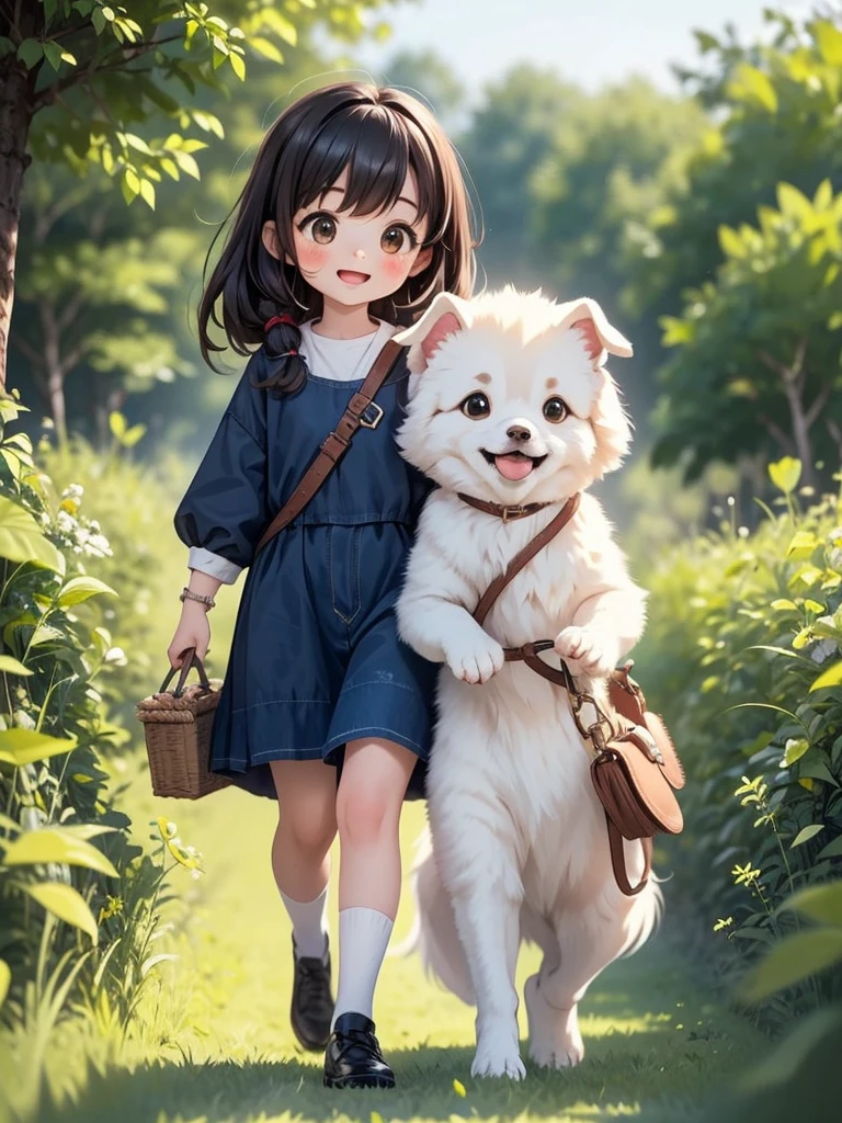 Two Girls、Very close sisters、Walk hand in hand、Having fun and being excited、Happy smile、Walk alongside your dog、Giant dog、A dog as tall as its sisters、Bushy-haired dog、A friendly dog with white fur、Samoyed、