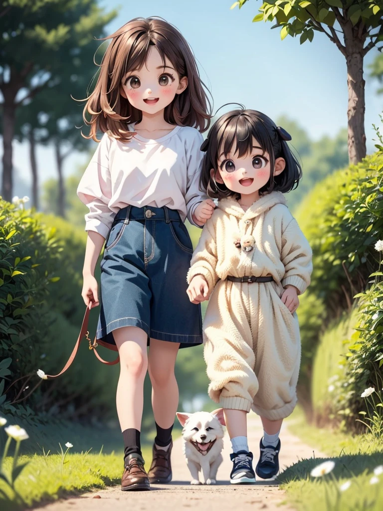 Two Girls、Very close sisters、Walk hand in hand、Having fun and being excited、Happy smile、Walk alongside your dog、Giant dog、A dog as tall as its sisters、Bushy-haired dog、A friendly dog with white fur、Samoyed、