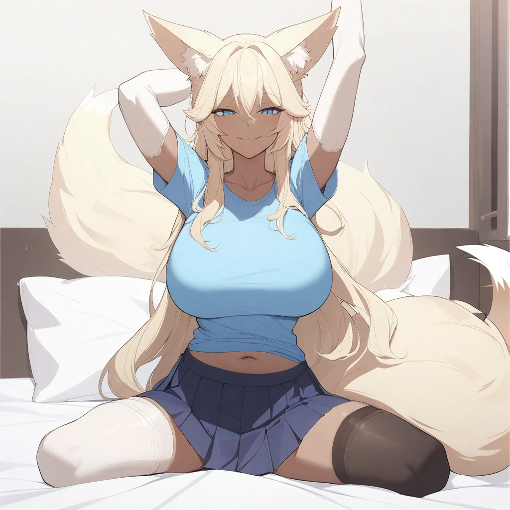 masterpiece, best quality, high quality, beautiful anime character, solo, anime girl with blonde hair, messy hair, long hair, blue eyes, big breasts, mature female, tall female, big girl, thick, (mischievous smile, smirk, horny), indoors, (short t-shirts, pleated skirt), navel, short sleeves, elbow gloves, thighhighs, (dark skin, dark-skinned girl), (huge fox tail, fox ears), stretching in bed, sitting in bed, 