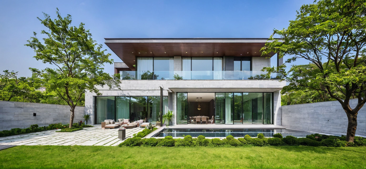 qlcd,tingyuan, photo of modern villa, grassland, garden, shrubs and trees, rock decoration, clear sky, sun light, realistic photo