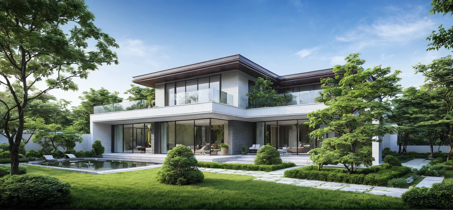 qlcd,tingyuan, photo of modern villa, grassland, garden, shrubs and trees, rock decoration, clear sky, sun light, realistic photo