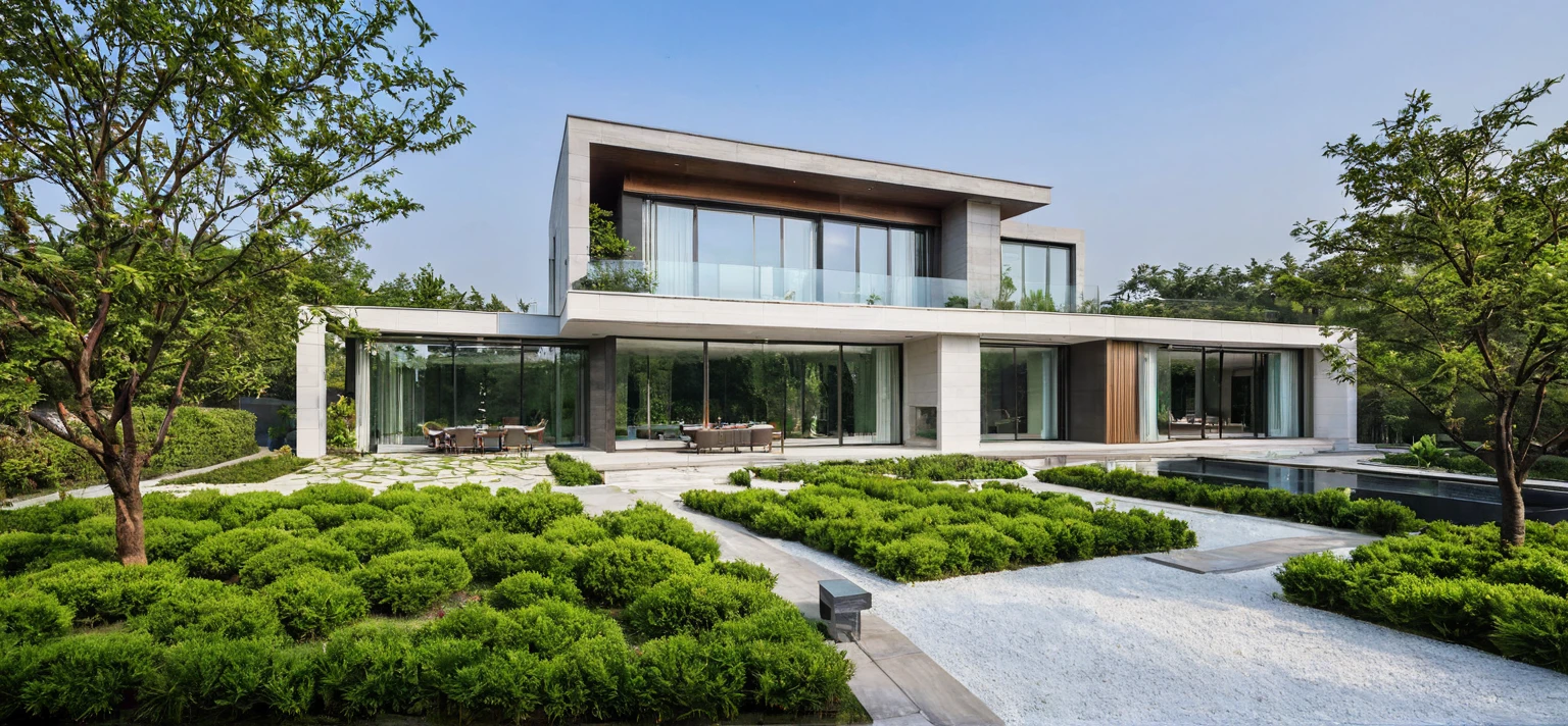qlcd,tingyuan, photo of modern villa, grassland, garden, shrubs and trees, rock decoration, clear sky, sun light, realistic photo