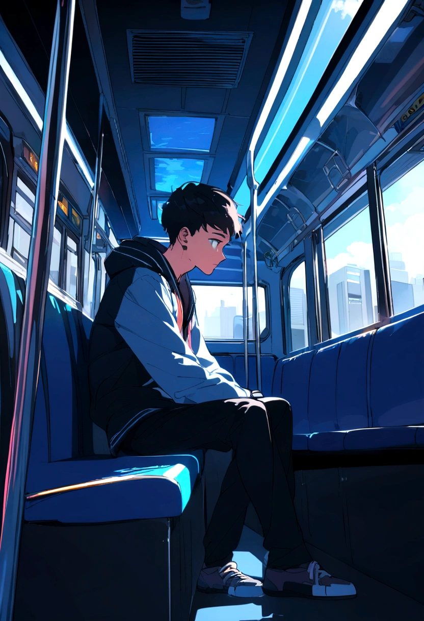 teenage man sitting in bus