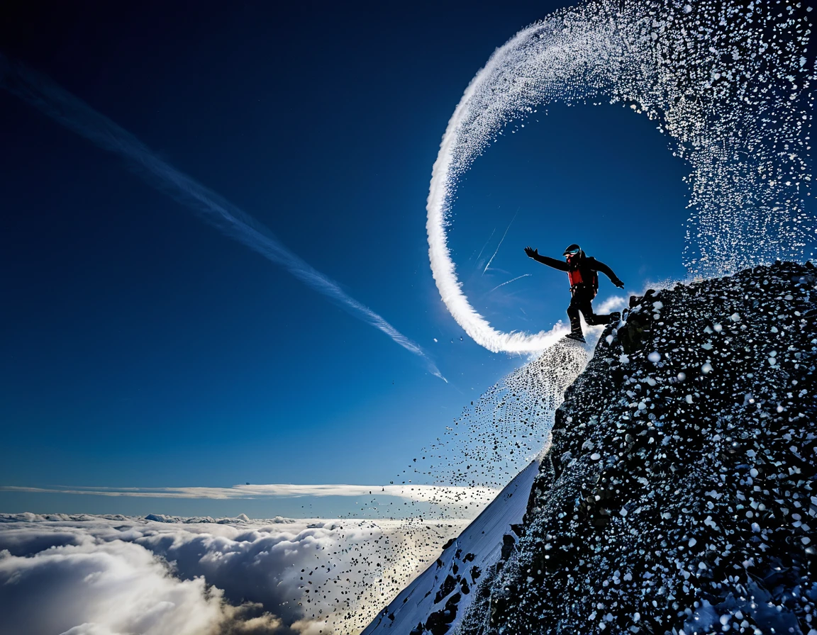 Une archère s'envole dans un ciel radieux, un seul arc tendu à la main,  une flèche vient d'être décochée,  vue de côté , pose dynamique , elle hurle sa rage de vaincre 