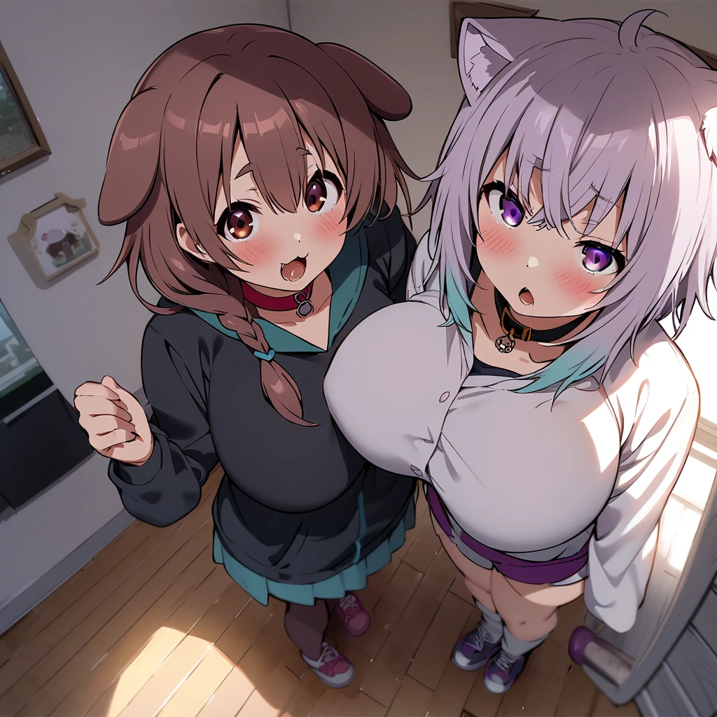 inugami korone,nekomata okayu,2girl,Females in heat,blush,open mouth,Super huge breasts,looking at viewer,Taken from the viewpoint above,upturned eyes,near,standing up,Lined up,house,in room