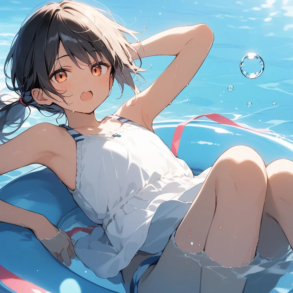 score_9, score_8_up, score_7_up, source_anime, best quality, masterpiece, official art, absurdres, highres, ultra-detailed,waifu2x,Collection: Slice of Life,break,1girl, tomboy, dark-skinned female, short hair, low ponytail, flat chest, beautiful detailed eyes, swimsuit, sweat, open mouth, (yawn:0.3), sleepily, swimming, outdoors, wind, break,(clear line illustration:1.2),very high resolution, very aesthetic, super detailed skin, Best sexual lighting powered by famous artist, 8k,cute picture,beauty illustration,photoshop_(medium),,(Detailed Lighting),best anime 8k konachan wallpaper, pixiv contest winner,