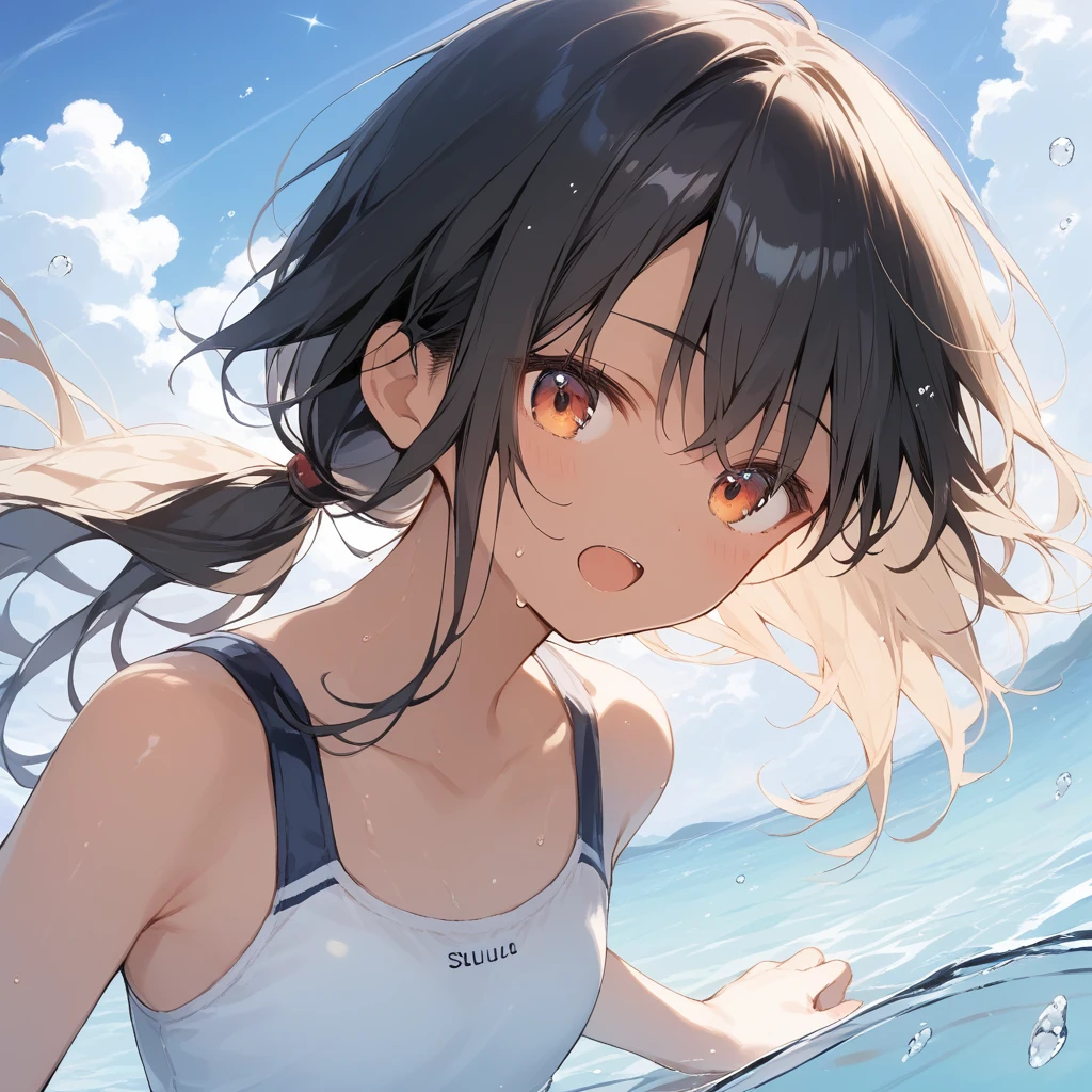 score_9, score_8_up, score_7_up, source_anime, best quality, masterpiece, official art, absurdres, highres, ultra-detailed,waifu2x,Collection: Slice of Life,break,1girl, tomboy, dark-skinned female, short hair, low ponytail, flat chest, beautiful detailed eyes, swimsuit, sweat, open mouth, (yawn:0.3), sleepily, swimming, outdoors, wind, break,(clear line illustration:1.2),very high resolution, very aesthetic, super detailed skin, Best sexual lighting powered by famous artist, 8k,cute picture,beauty illustration,photoshop_(medium),,(Detailed Lighting),best anime 8k konachan wallpaper, pixiv contest winner, 