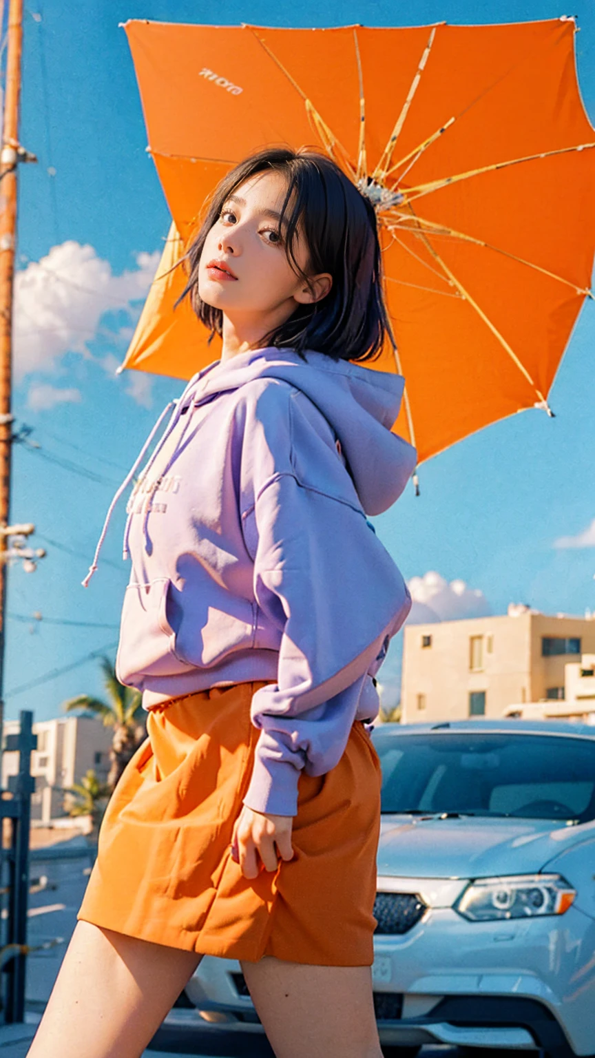 1 girl, wear ((orange oversized hoodie)), wear ((purple tennis skirt)),looking front,Best Quality,Masterpiece,Ultra High Resolution,(Realisticity:1.4),Original Photo, 1Girl, light leak,ultra high resolution,UHD,beautiful, black bob hair, almond eye, no makeup, in front of (80's mondrian architecture motel), (from below:1.3), (realistic:1.2), (surreal:1.3), (very detailed:1.1), ((masterpiece)),summer, blue sky, palm trees,sunny, los angles vibes