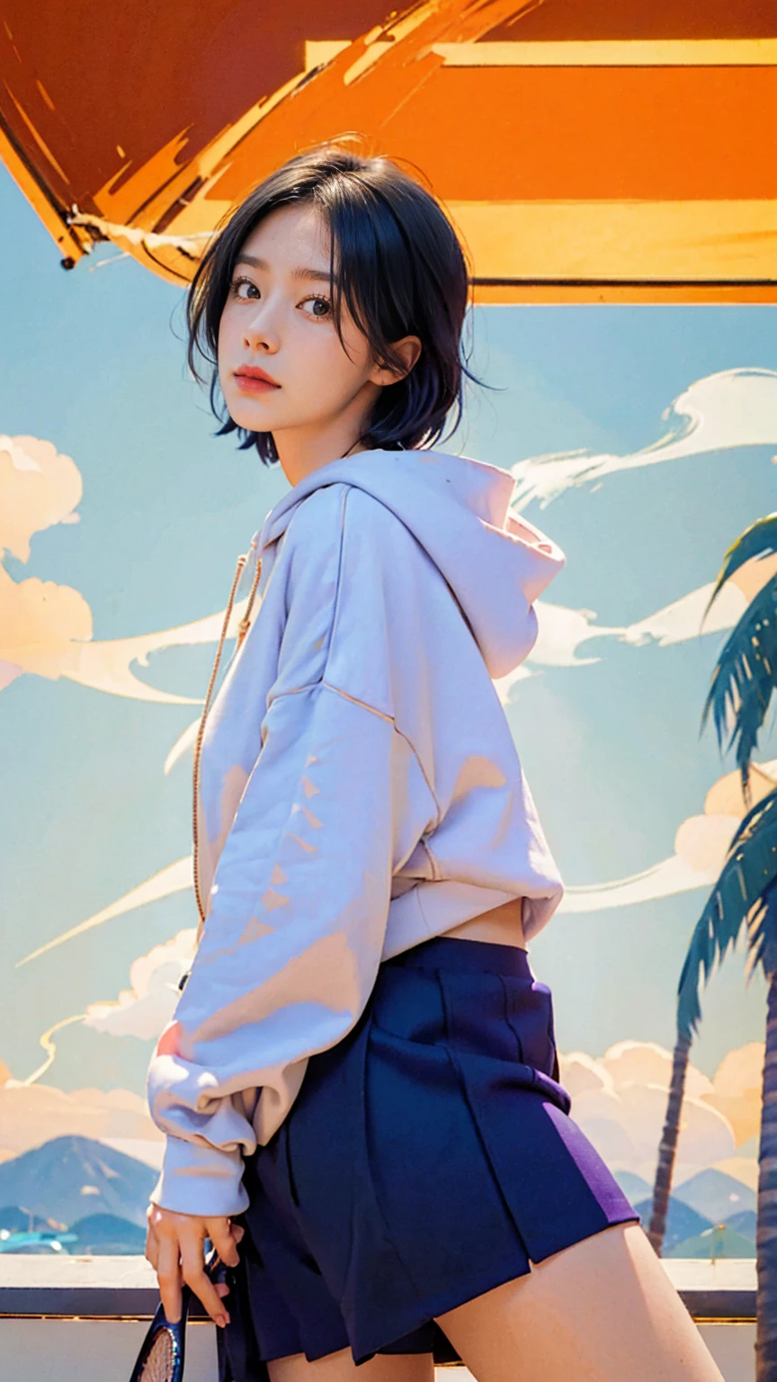 1 girl, wear ((orange oversized hoodie)), wear ((purple tennis skirt)),looking front,Best Quality,Masterpiece,Ultra High Resolution,(Realisticity:1.4),Original Photo, 1Girl, light leak,ultra high resolution,UHD,beautiful, black bob hair, almond eye, no makeup, in front of (80's mondrian architecture motel), (from below:1.3), (realistic:1.2), (surreal:1.3), (very detailed:1.1), ((masterpiece)),summer, blue sky, palm trees,sunny, los angles vibes