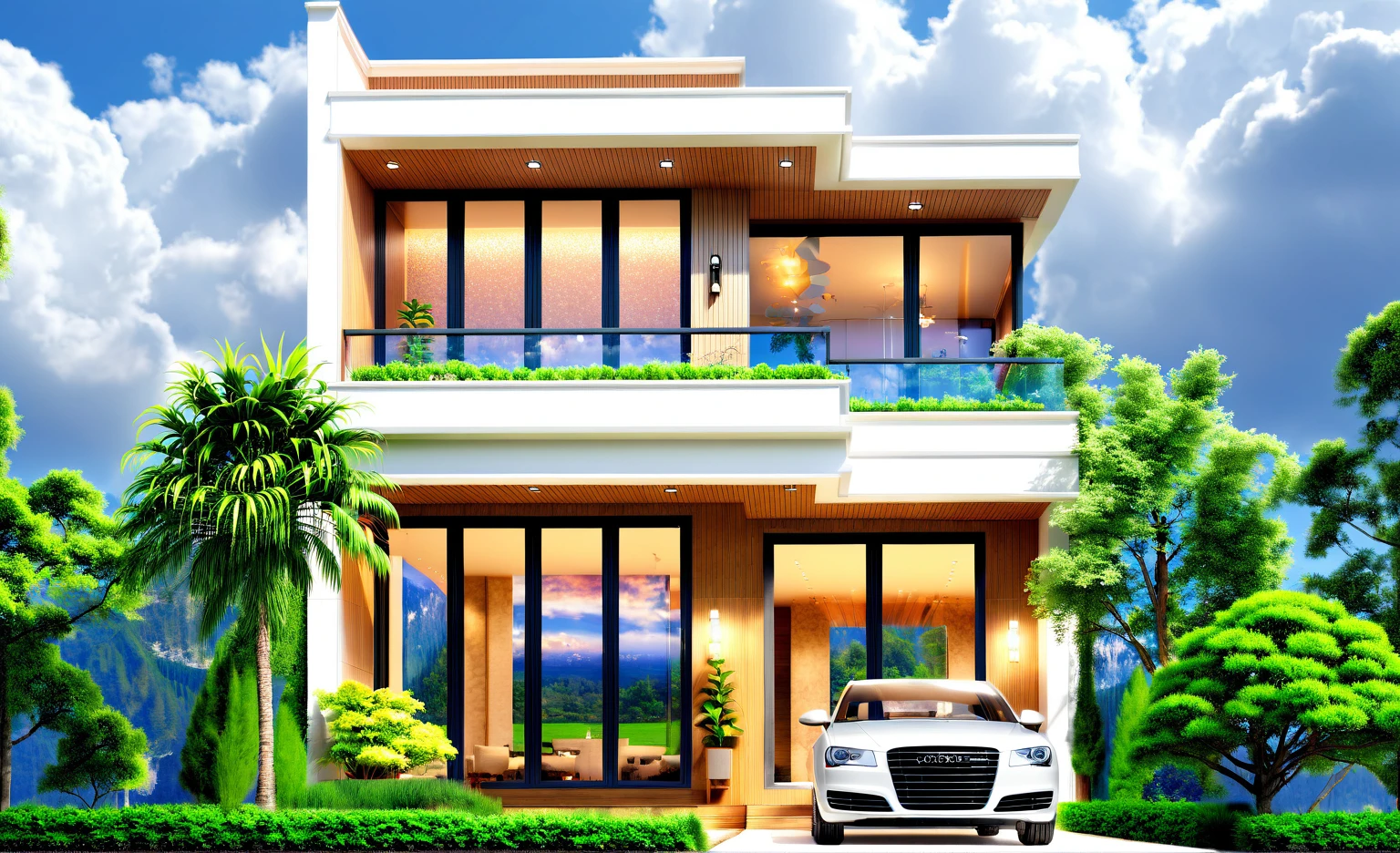 Unparalleled masterpiece, (photorealistic:1.4), best quality, beautiful lighting, (hot spring), (extremely detailed 8k wallpaper), full shot landscape photo of the most beautiful artwork in the world, cloudy sky background lush landscape house and trees illustration concept art