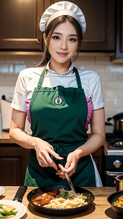 (highres,masterpiece:1.2),ultra-detailed,realistic,photorealistic:1.37,beautiful detailed eyes,beautiful detailed lips,extremely detailed eyes and face,long eyelashes,1girl,cooking,traditional kitchen,wooden stove,flames,apron,chef hat,focused expression,steam,cookbook,spices,sliced vegetables,whisking,smell of delicious food,preparing a feast,culinary art,delicious aromas,creamyy cheese sauce,steaming pots and pans,prep table,wholesome ingredients,elaborate dish presentation,plating,table setting,appetizing colors,culinary masterclass,love for cooking,passion,aroma-filled kitchen,dinner in progress,culinary journey,creating a masterpiece