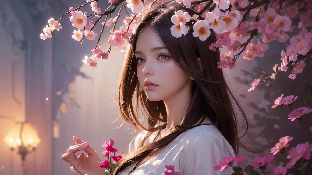 32k, Masterpiece, Highest quality, One girl, Brown Hair, Detailed eyes, flower,Freesia, Pink and navy style,A dreamy, romantic piece,Pale yellow, Mysterious Leaves,A playful arrangement,Fantasy,High Contrast,Ink strokes,explosion,Exposure, Impression of pink and navy tones,Abstract,((Watercolours by John Berkey and Jeremy Mann )) Brush strokes,Negative Space, Tyndall effect,
