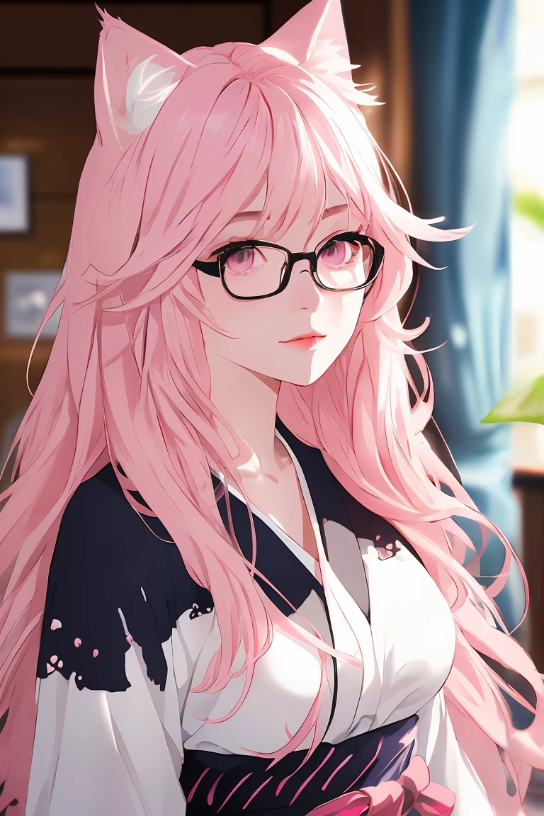 score_9,score_8_up,score_7_up,masterpiece, top quality, best quality, official art, beautiful and aesthetic, animation, , 1girl with cat ear, perfect figure, pink hair, complicated details, bedroom, 1boy, handsome face, broken bangs, round glasses, Japanese junior brother, 1girl with cat ear and pink hair, glasses, long pink hair ,