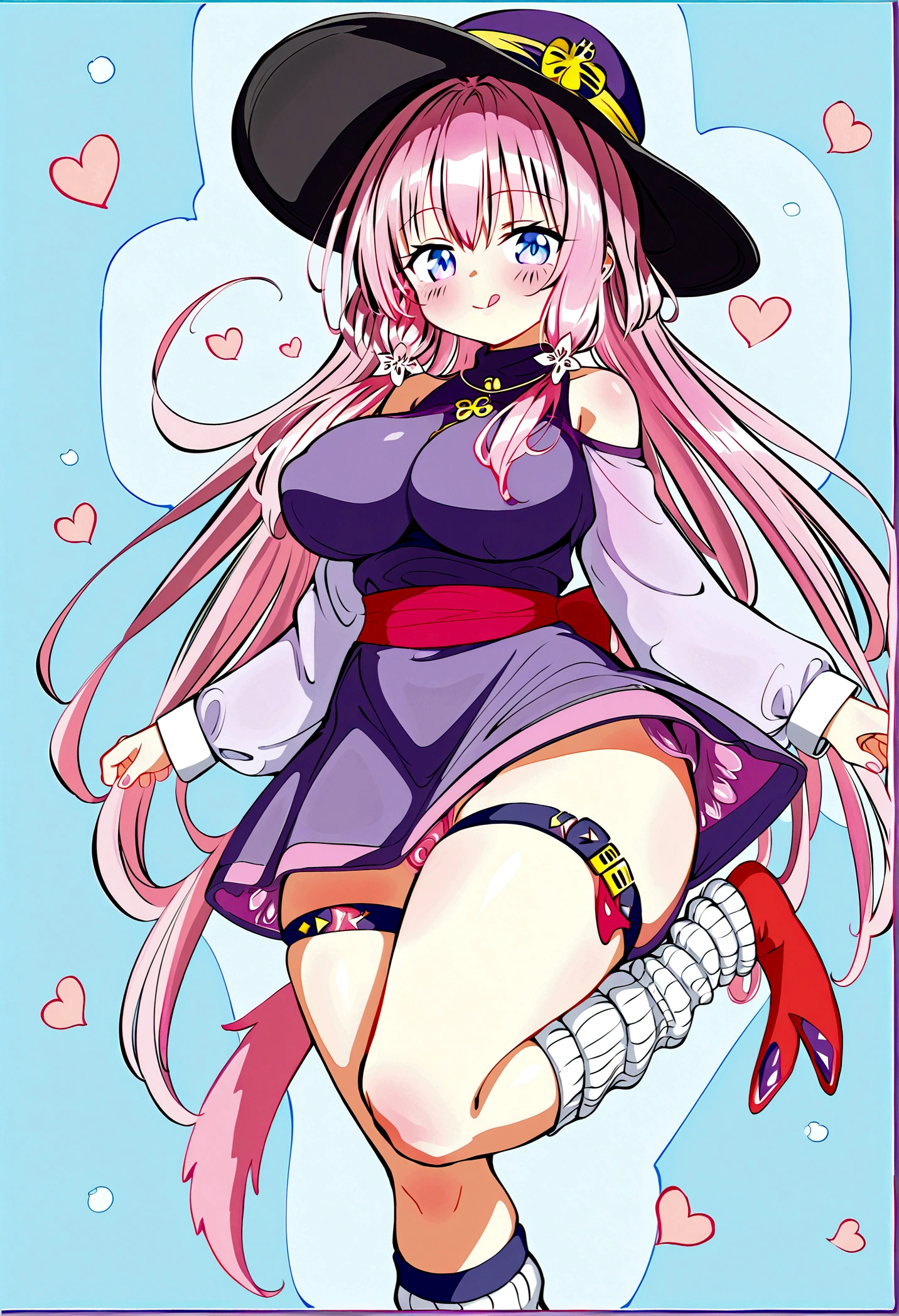 To Love-Ru、Purple off-the-shoulder mini skirt dress、Pink Hair、Big Breasts、Light purple loose socks、Provocative look、Raw thighs、Light blue eyes、Leg band only on left thigh、Are standing