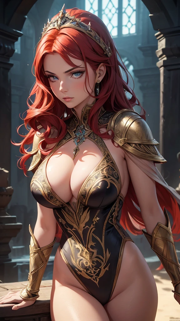medieval woman in swimsuit,redhead woman,beautiful detailed eyes,beautiful detailed lips,extremely detailed eyes and face,long eyelashes,fantasy portrait,highly detailed,digital painting,trending on artstation,realistic,photo-realistic,award winning,8k,cinematic lighting,warm colors,vibrant colors,dramatic lighting,dramatic pose,dramatic expression,intricate details,exquisite details,elegant,graceful,regal,powerful,confident,stern expression