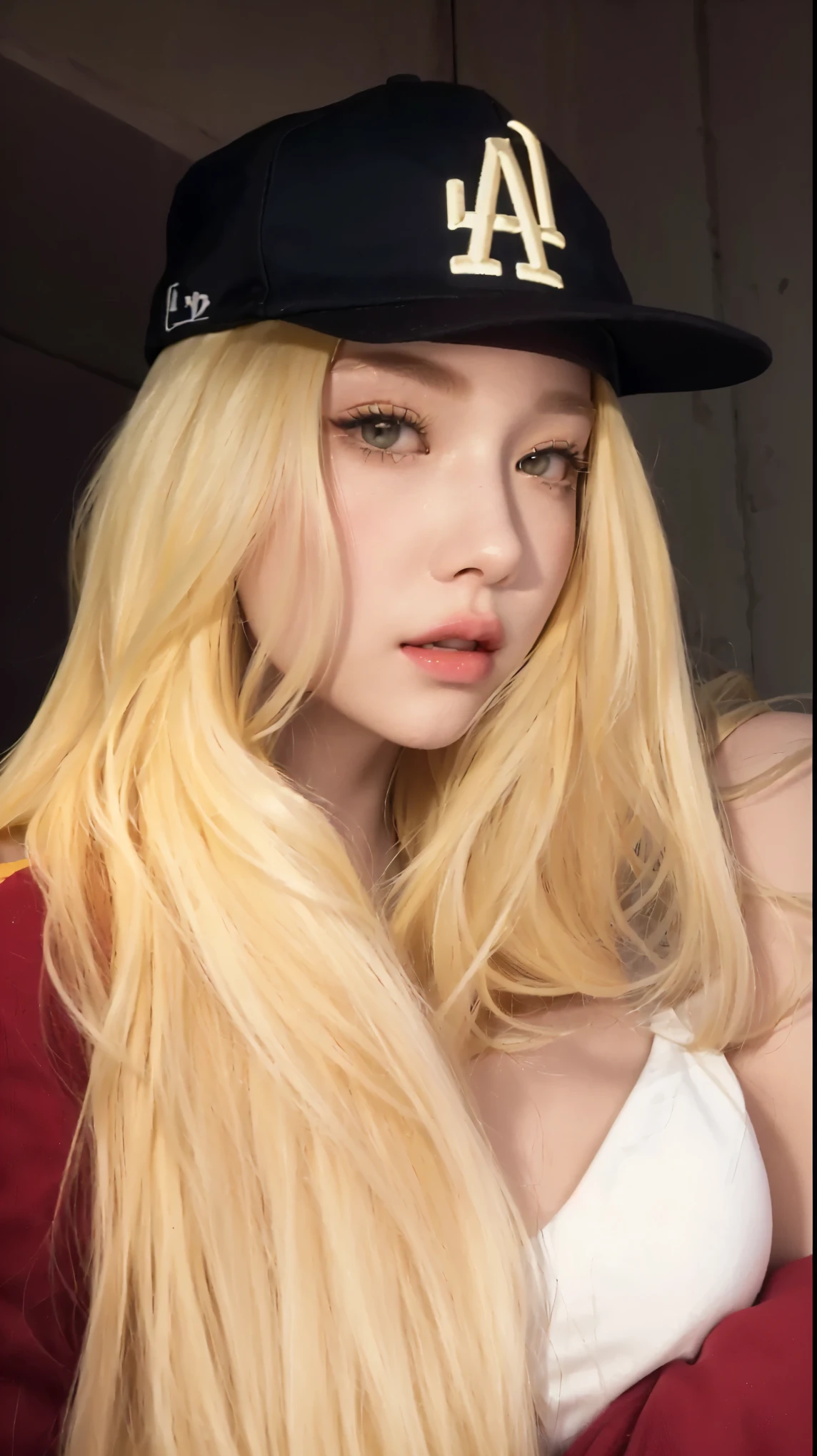 a Close up of a woman with long blonde hair wearing a baseball cap, Cl, ava max, parque roseanne de blackpink, light yellow hair, extremely light blonde hair, with white long hair, with long blonde hair, A girl with blonde hair, long YELLOW hair, medium yellow blonde hair, with long white hair, Asian with long hair, very light blonde hair