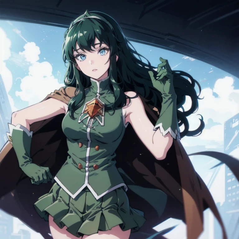 LoPoBiaElaine, 1girl, solo, very long hair, blue eyes, pleated skirt, miniskirt, green shirt, black hair, green gloves, bare shoulders, hairband, sleeveless, brooch, green skirt, brown cape