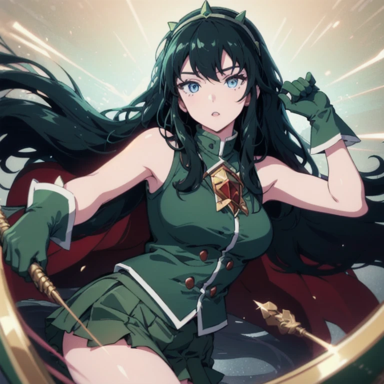 LoPoBiaElaine, 1girl, solo, very long hair, blue eyes, pleated skirt, miniskirt, green shirt, black hair, green gloves, bare shoulders, hairband, sleeveless, brooch, green skirt, brown cape