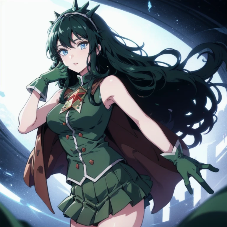 LoPoBiaElaine, 1girl, solo, very long hair, blue eyes, pleated skirt, miniskirt, green shirt, black hair, green gloves, bare shoulders, hairband, sleeveless, brooch, green skirt, brown cape