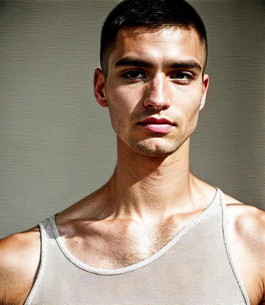 ultra-high-resolution 8K, best quality, (photo realistic:1.4), fashion model, american, man, 28years old, athlete, caucasian, square face, black and small eyes, stern eyes, thick and straight eyebrows, snub nose, plump lips, fair skin with detailed and realistic skin texture, (buzz cut:1.2), single eyelid, closed mouth, wearing white no-sleeve top, exuding the vibe of a fashion model with a neutral, serious expression, from below, (upper body), detailed hair, epiC35mm