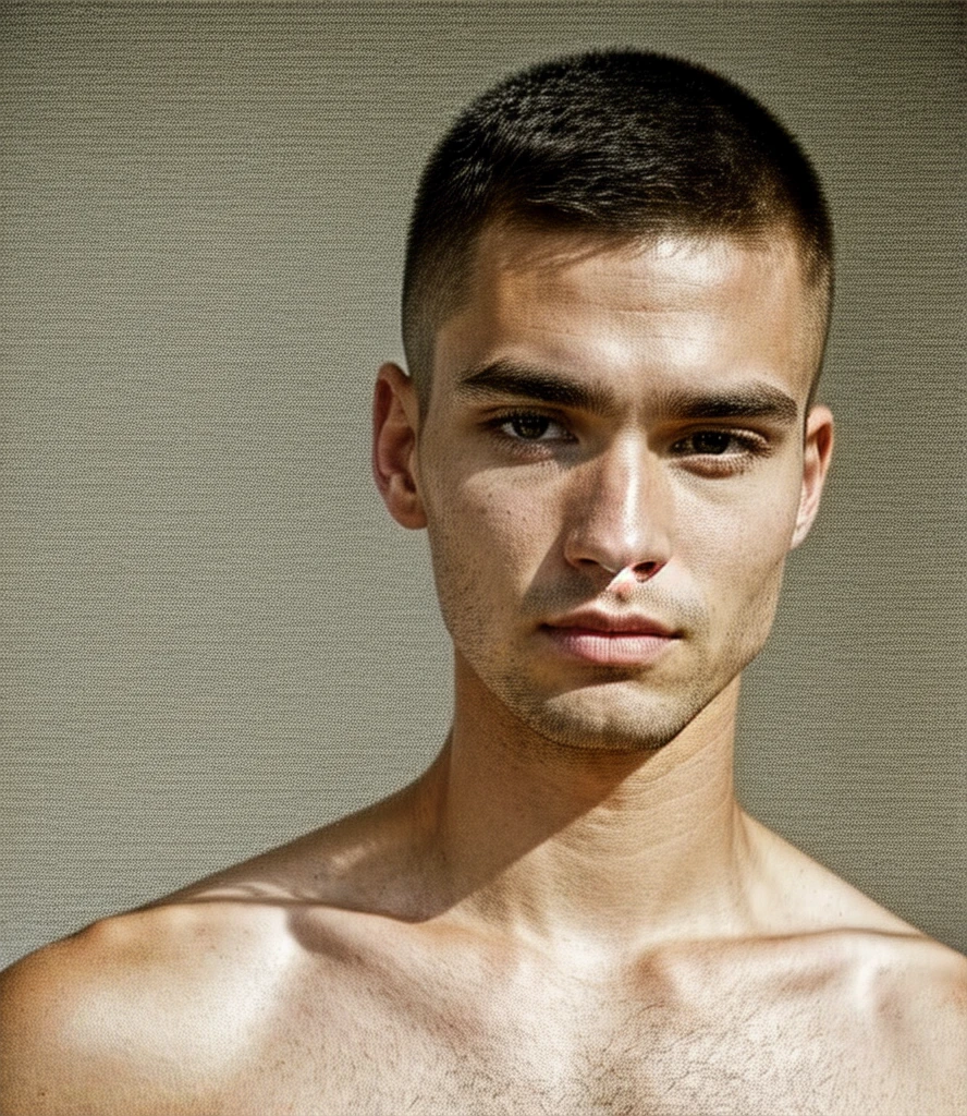 ultra-high-resolution 8K, best quality, (photo realistic:1.4), fashion model, american, man, 28years old, athlete, caucasian, square face, black and small eyes, stern eyes, thick and straight eyebrows, snub nose, plump lips, fair skin with detailed and realistic skin texture, (buzz cut:1.2), single eyelid, closed mouth, wearing white no-sleeve top, exuding the vibe of a fashion model with a neutral, serious expression, from below, (upper body), detailed hair, epiC35mm