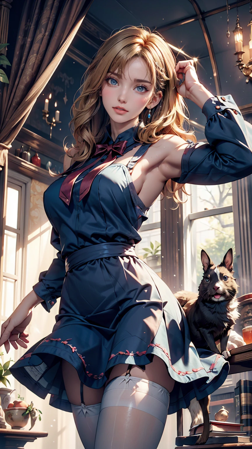 Alice in Wonderland、Wear a blue apron dress、Blonde、long hair、Hair becomes wavy、Put a big ribbon on your head、Chasing a tuxedo-wearing rabbit on two legs
