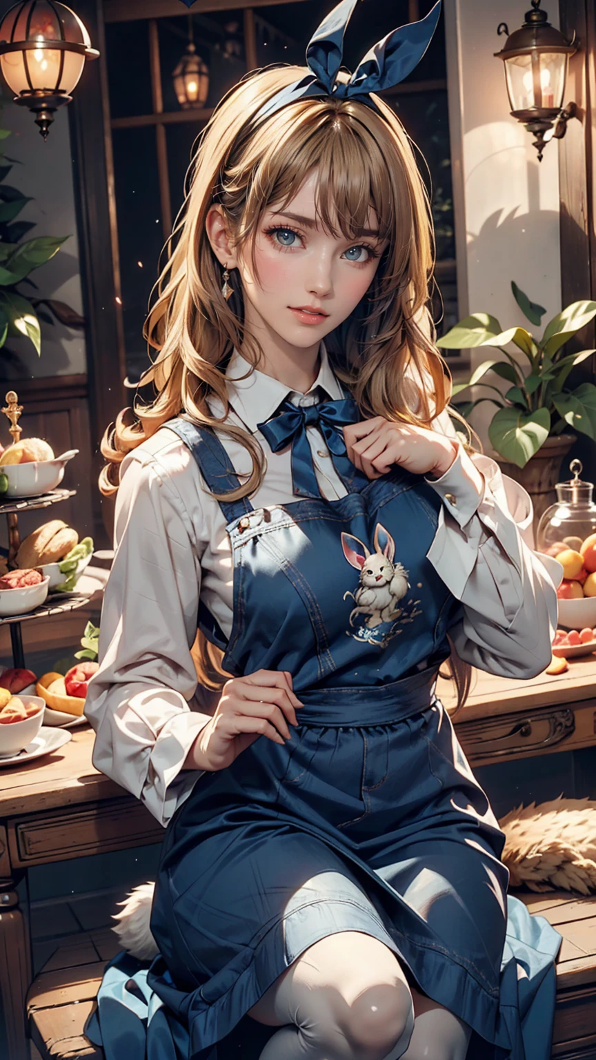 Alice in Wonderland、Wear a blue apron dress、Blonde、long hair、Hair becomes wavy、Put a big ribbon on your head、Chasing a tuxedo-wearing rabbit on two legs