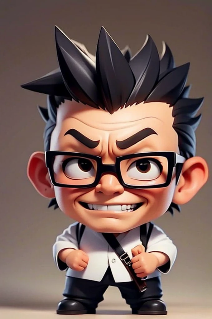 A 50-year-old Japanese man wearing glasses, A little bad guy, Hair is short soft mohawk,Wearing a suit,Has an assault rifle,Grin,Small