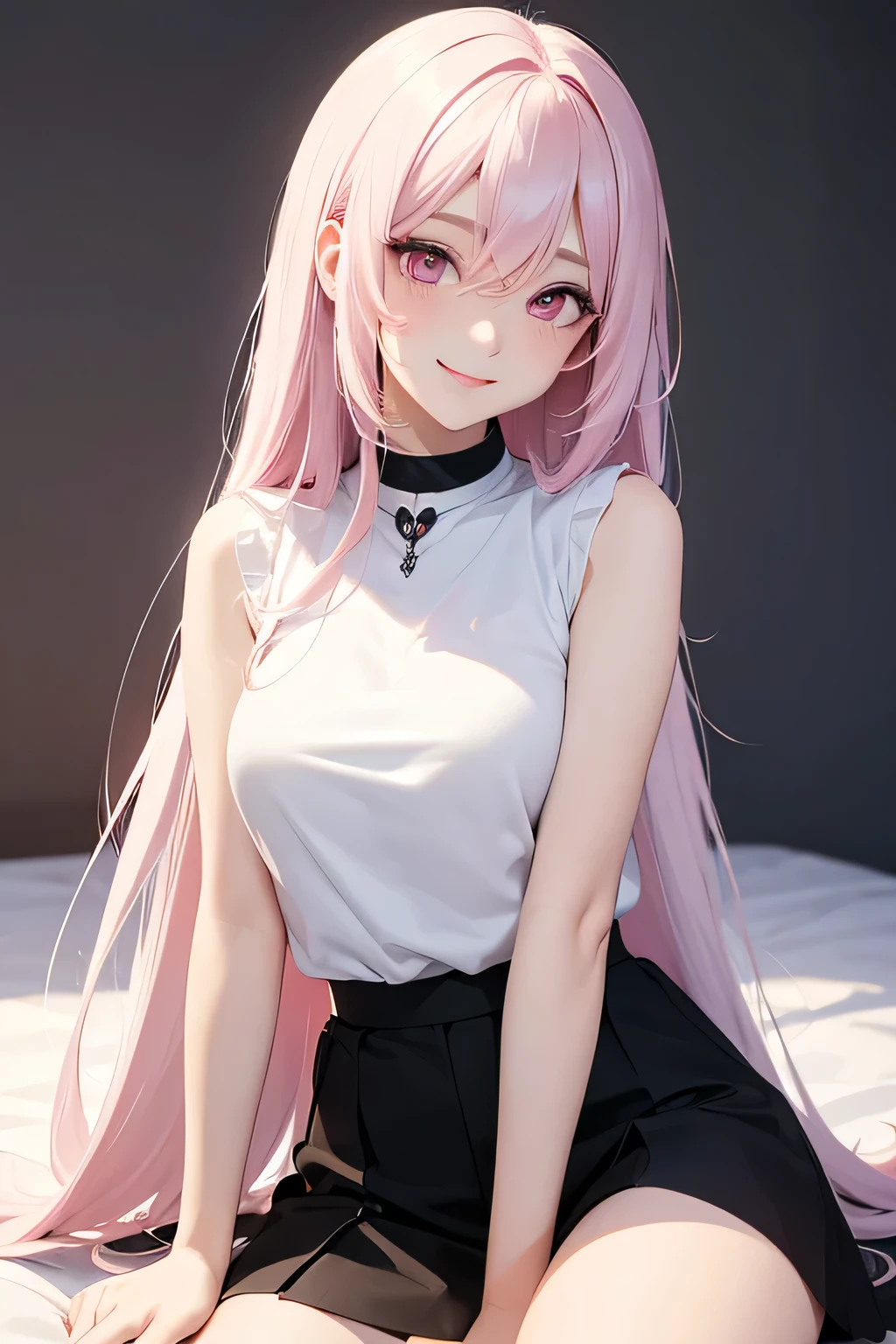 Masterpiece, best quality, 1 girl, anime character style, pink eyes, long white hair, white sleeveless shirt and black skirt, with a smiling and shy expression.