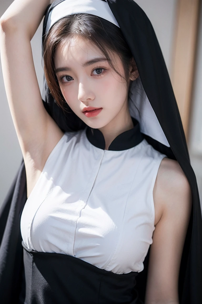 ((1girl)), in see-through nun suit, instant camera flash, pose at Church, makeup with glossy lip, small breasts, (white nun), various angle, ((face focus)), 22 years old, Beautiful Japanese Girl, (nsfw:1.4), (sitting pose), realistic light, realistic skin tone