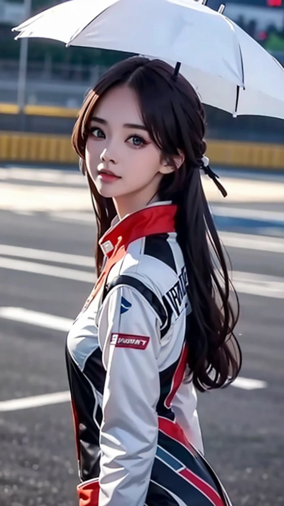 girl 23-year-old Hairstyle Casual, wearing racing suit on race track at evening and rainy best quality 1 : 2 and 4K resolution